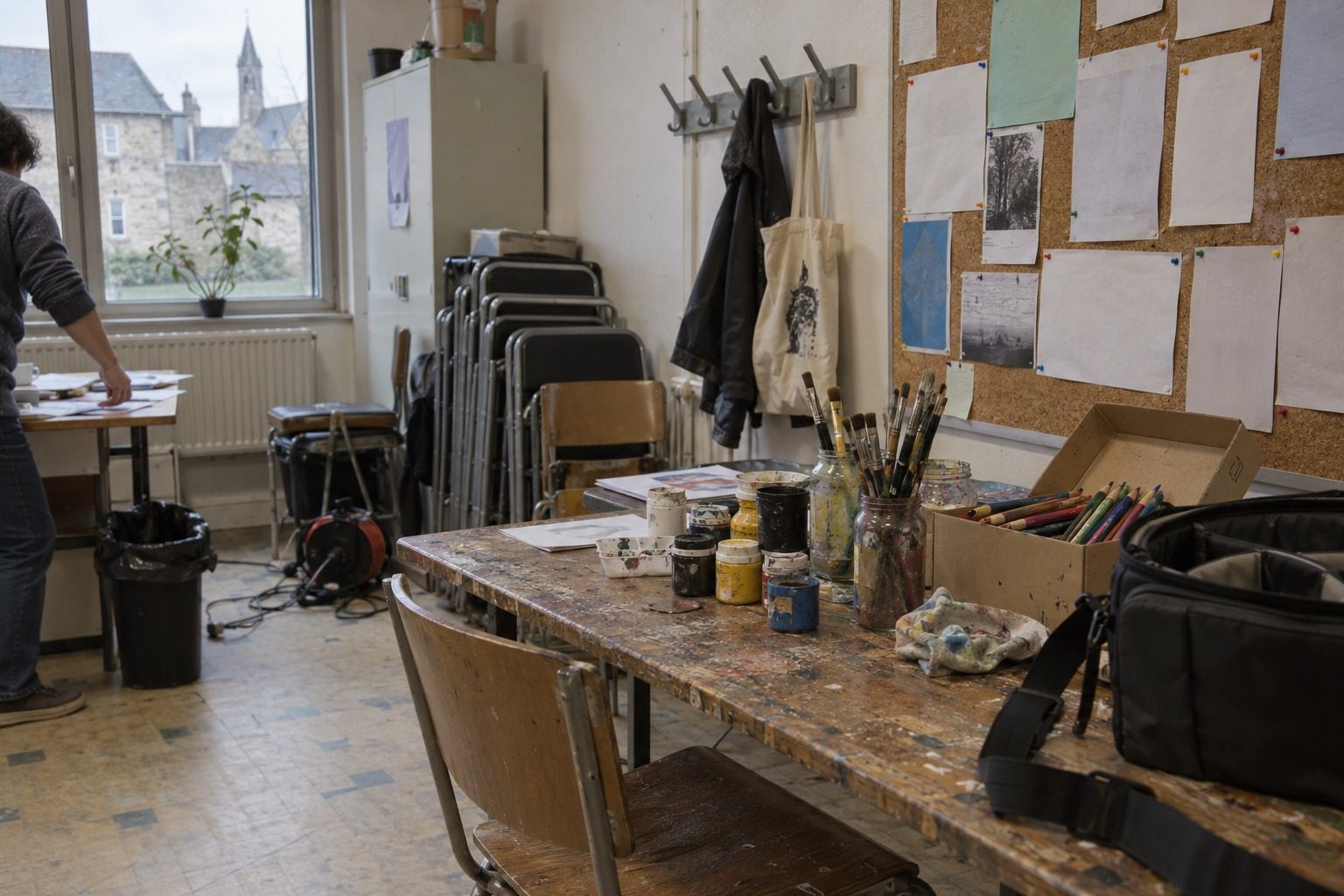 Bureau d'accueil d'une MJC avec table de matériel d'art, sac photo et panneau d'affichage, vu de côté sans personne
