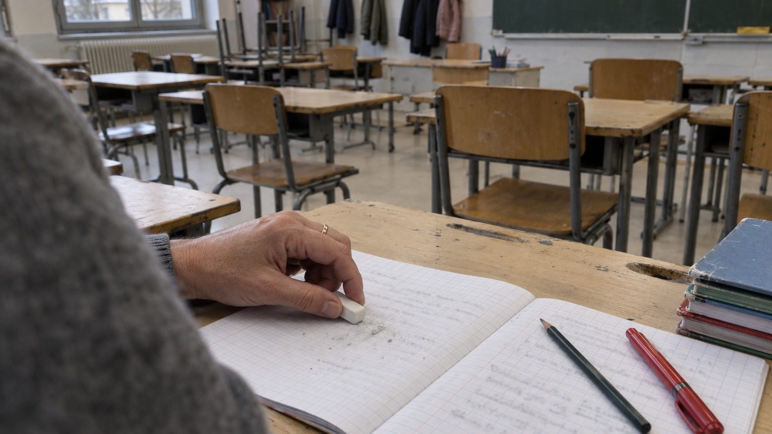 Main d'adulte au-dessus d'un cahier ligné ouvert, une gomme et un crayon posés sur un pupitre d'école vide