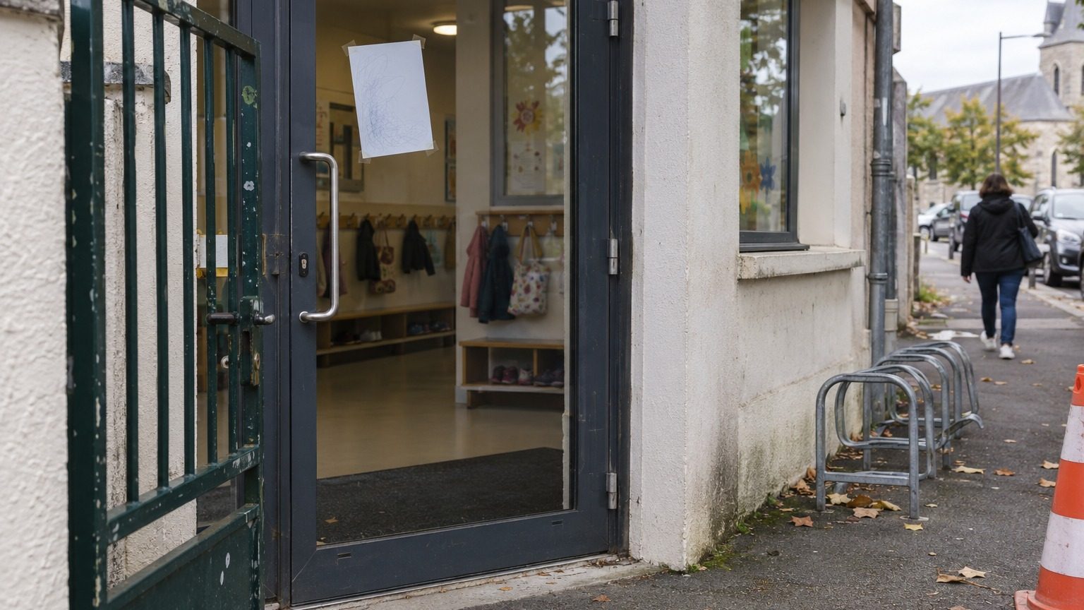 Entrée vitrée fermée d'une crèche municipale, feuille d'information scotchée sur la porte, un adulte s'éloignant de dos