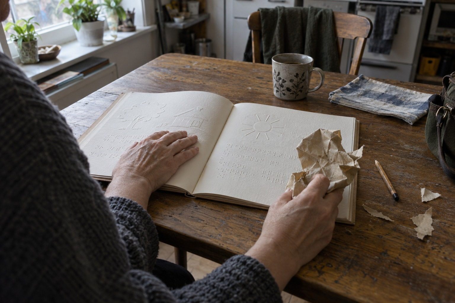 les-sons-du-papier-de-la-philharmonie-ce-que-ce-livre-a-touc-img-1791198902 Mains d'adulte parcourant un livre tactile en gros caractères et braille, feuilles de papier froissées sur une table en bois