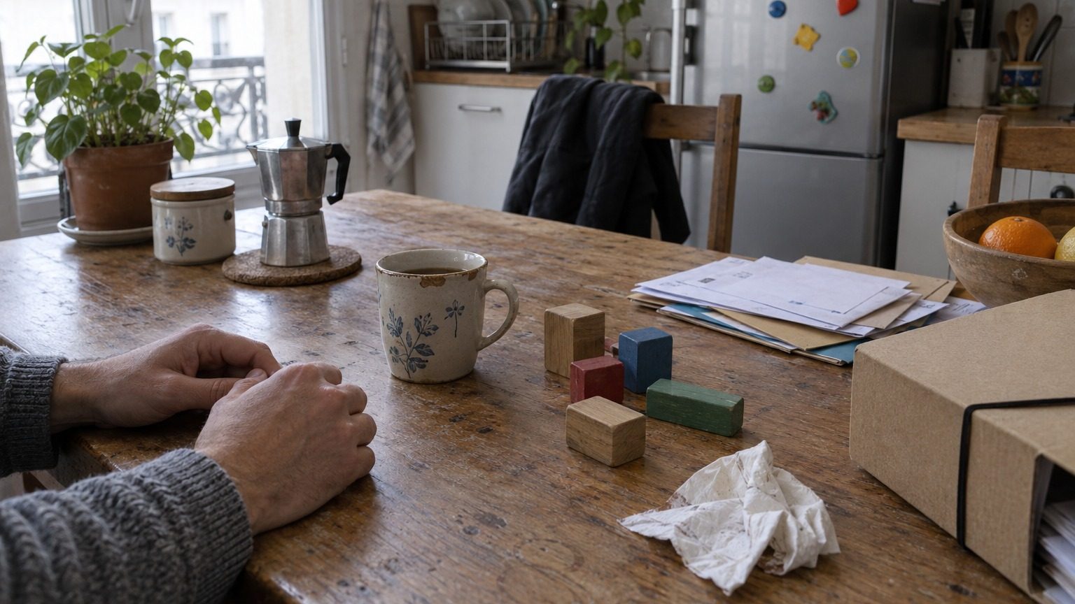 Mains d'adulte posées sur une table de cuisine en bois usé, près d'une tasse et de cubes en bois