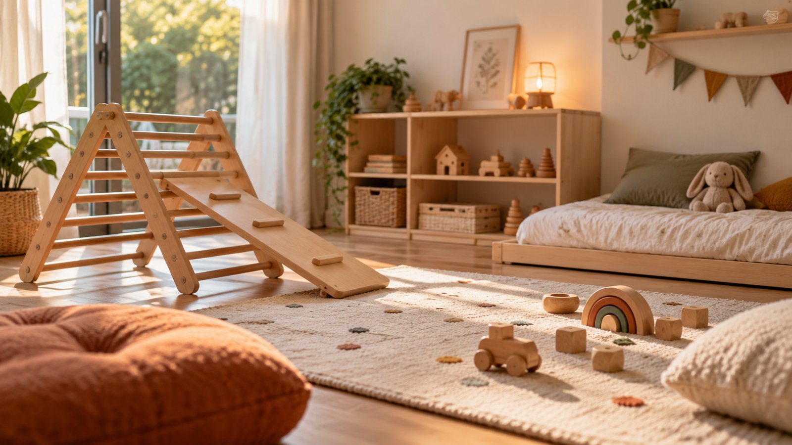 Chambre de bébé Montessori avec triangle de motricité et mobilier bas
