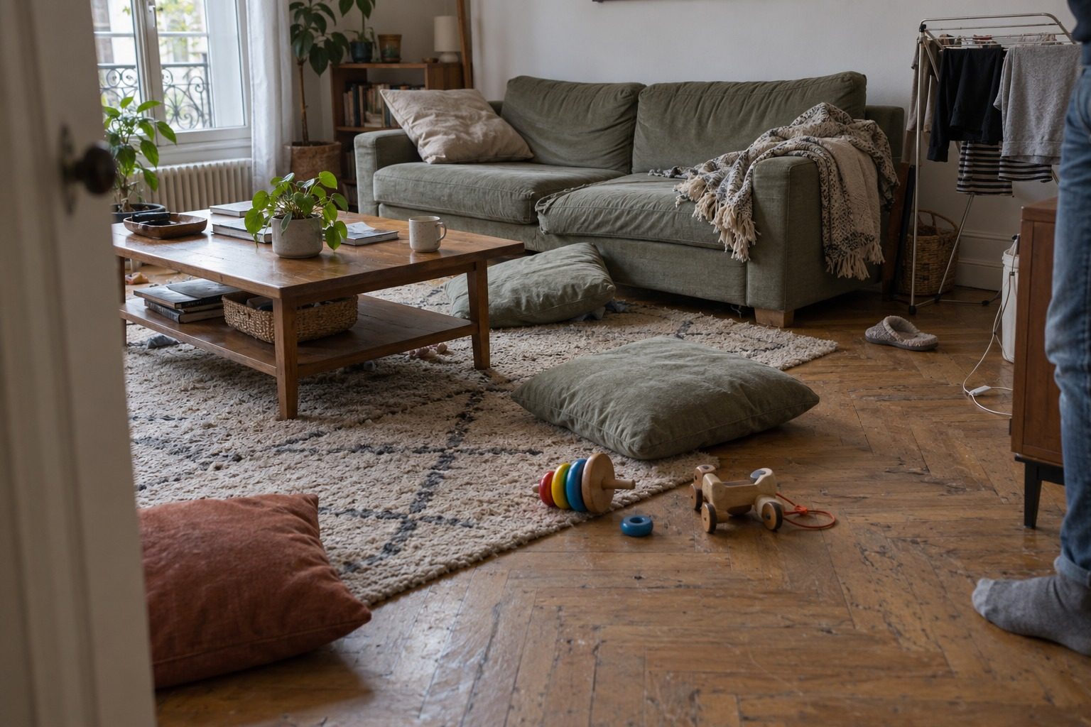 Salon en désordre : coussins au sol sur un tapis usé, jouets en bois et jambes d'un adulte en chaussettes