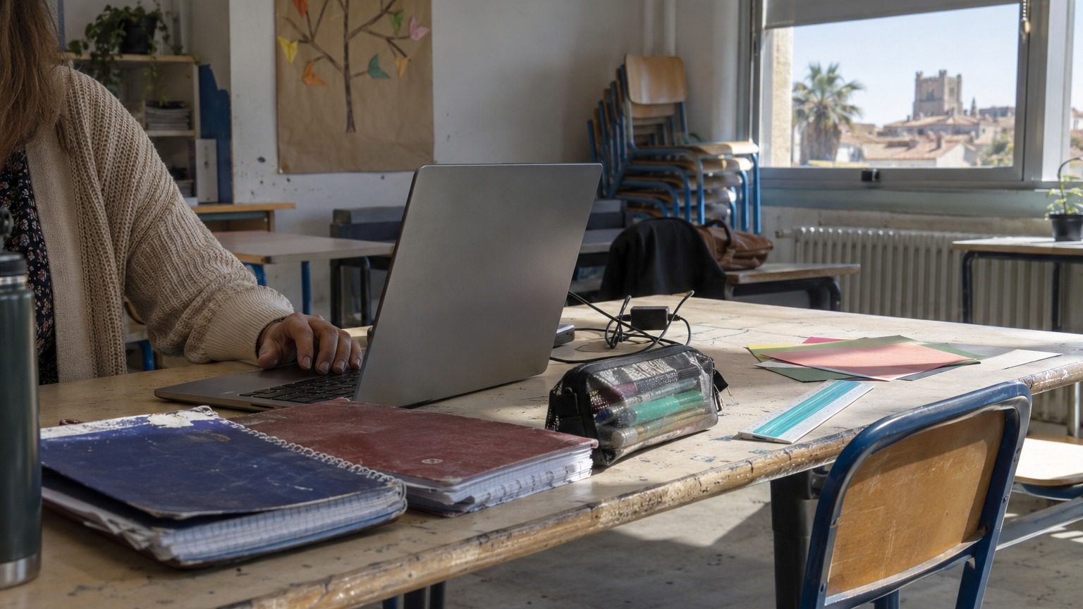 Ordinateur portable ouvert sur un bureau d'école en bois usé, cahiers et manche de gilet d'enseignant au bord du cadre