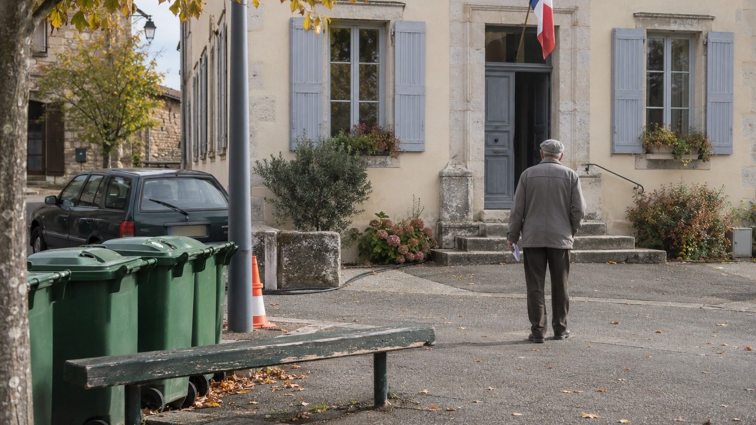 patrick-jubert-ecrit-aux-candidats-a-la-presidentielle-conda-img-1791718157 Homme âgé de dos devant une petite mairie de village de Haute-Garonne, une enveloppe à la main