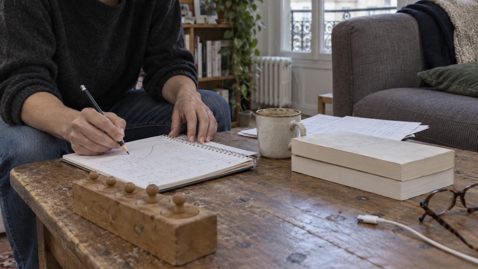 Mains d'adultes feuilletant un carnet de suivi sur une table de salon, avec un bloc en bois et une tasse