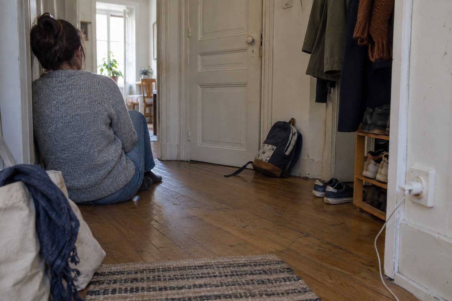Un parent assis par terre dans le couloir, adossé au mur, près d'une porte de chambre fermée et d'un cartable jeté
