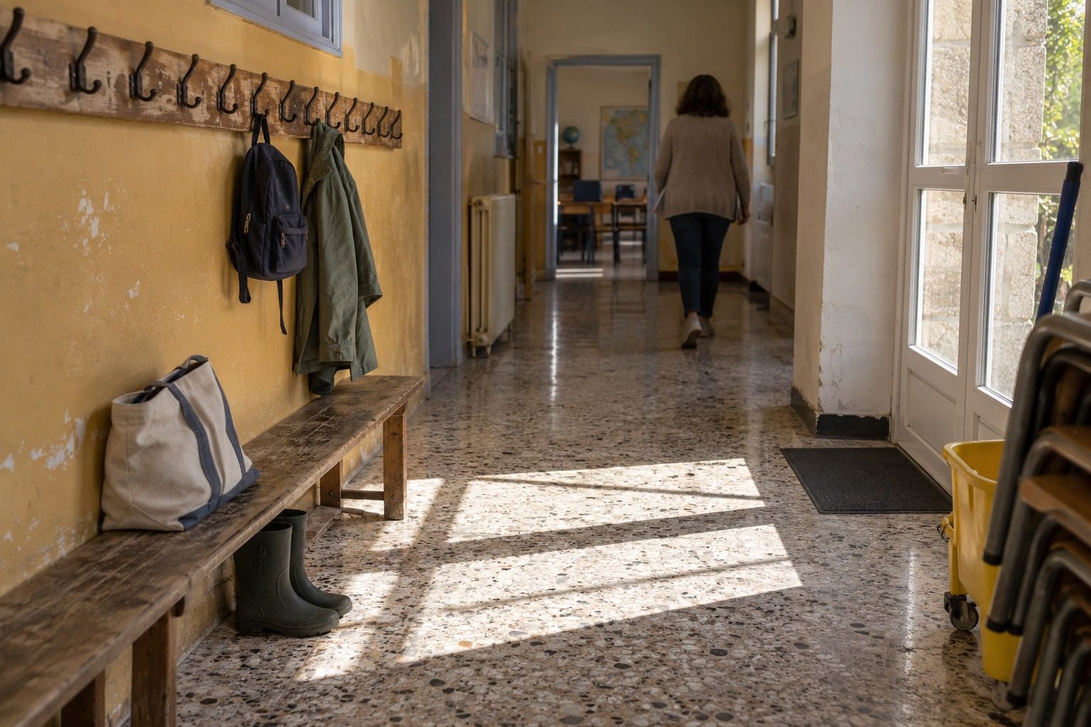 Couloir d'une école primaire de l'Aude, porte-manteaux presque vides et cartable posé sur un banc, silhouette d'adulte au fond