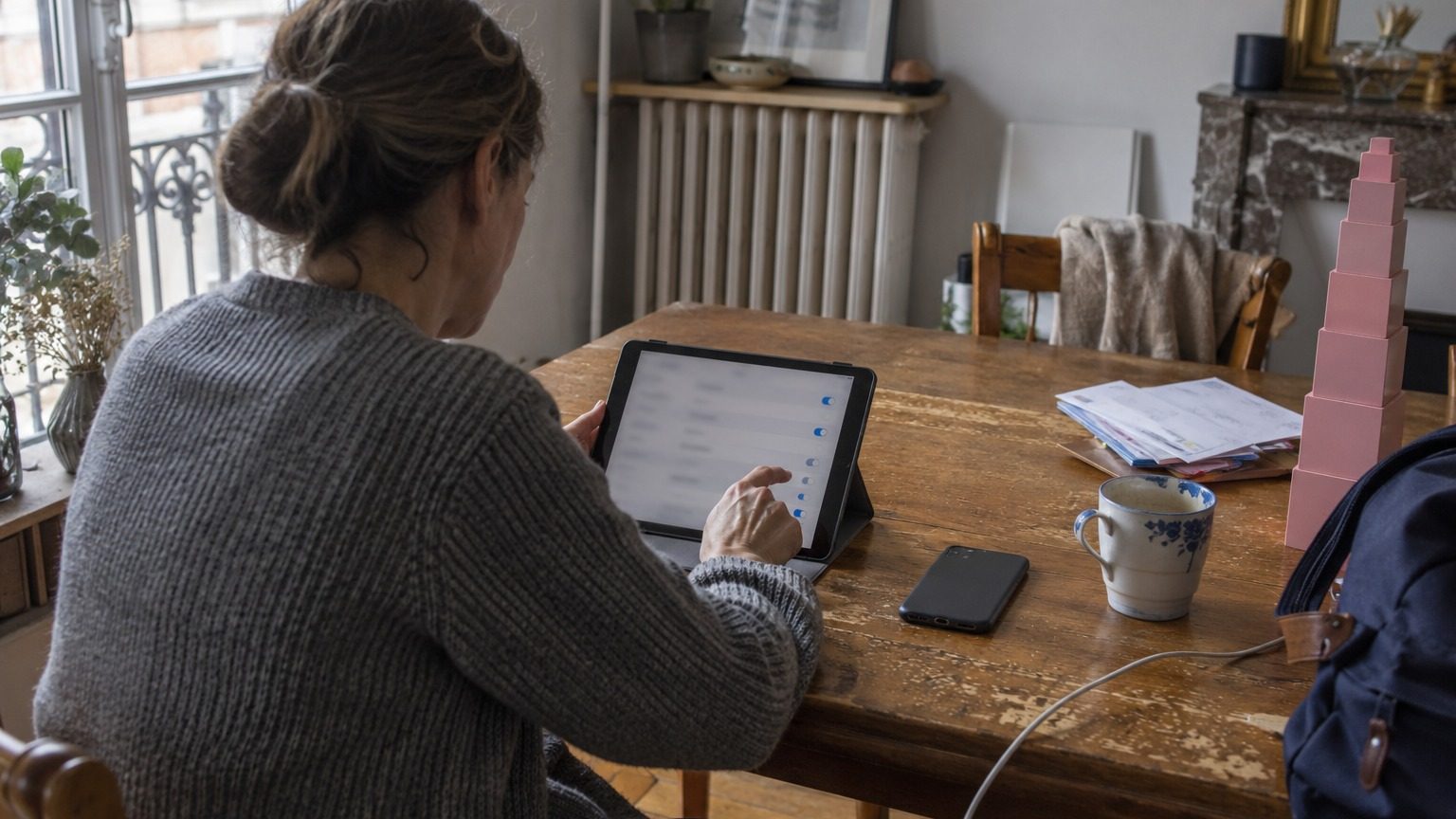 Adulte consultant les réglages d'une tablette sur une table de salon, téléphone et tasse à côté, sans enfant