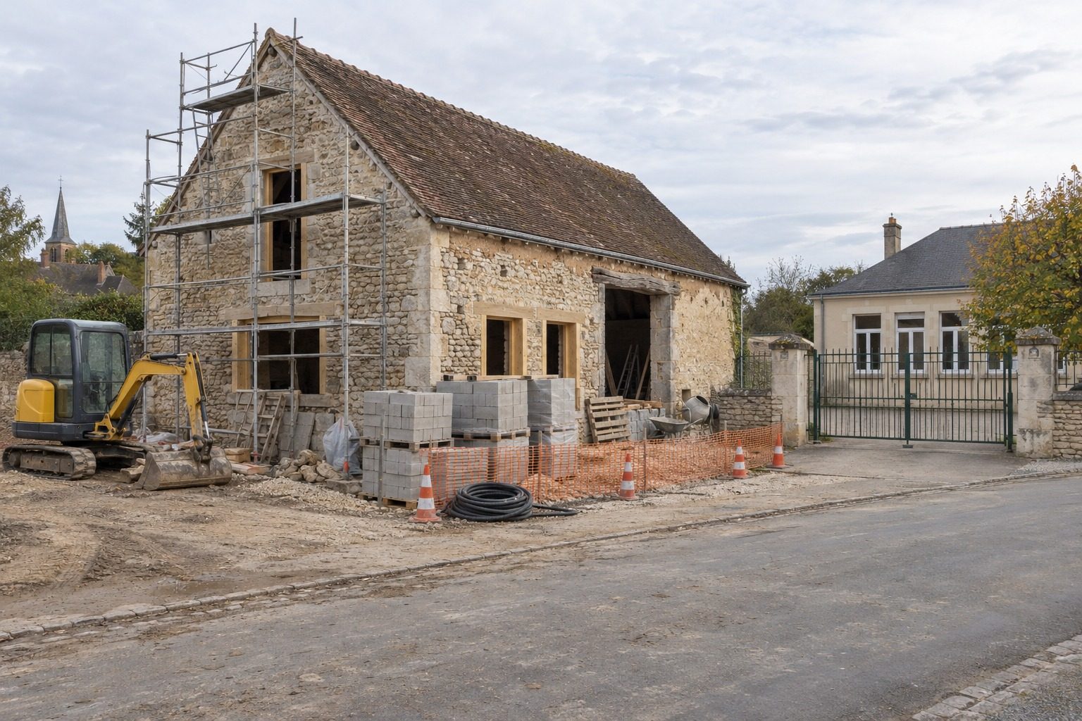 verneil-le-chetif-transforme-une-grange-en-salle-de-motricit-img-1791053118 Vieille grange en pierre en travaux face à l'école maternelle d'un village sarthois, échafaudage et matériaux au sol
