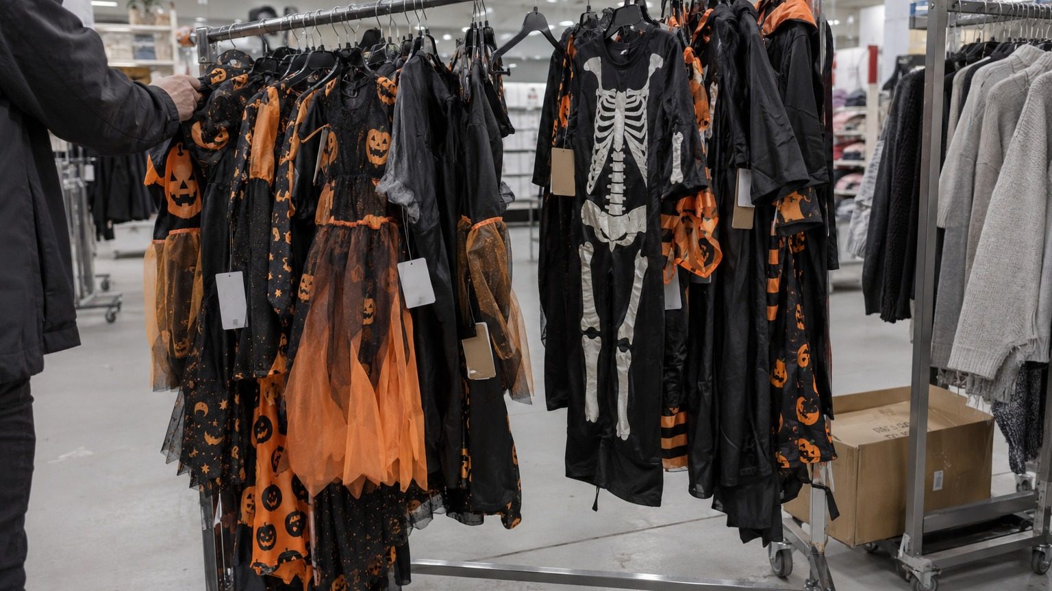 Rayon de déguisements d'Halloween dans un magasin de vêtements, avec un cintre vide et la main d'un adulte